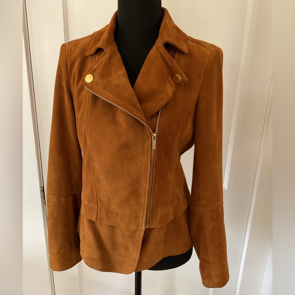 Soft suede cognac fitted moto jacket